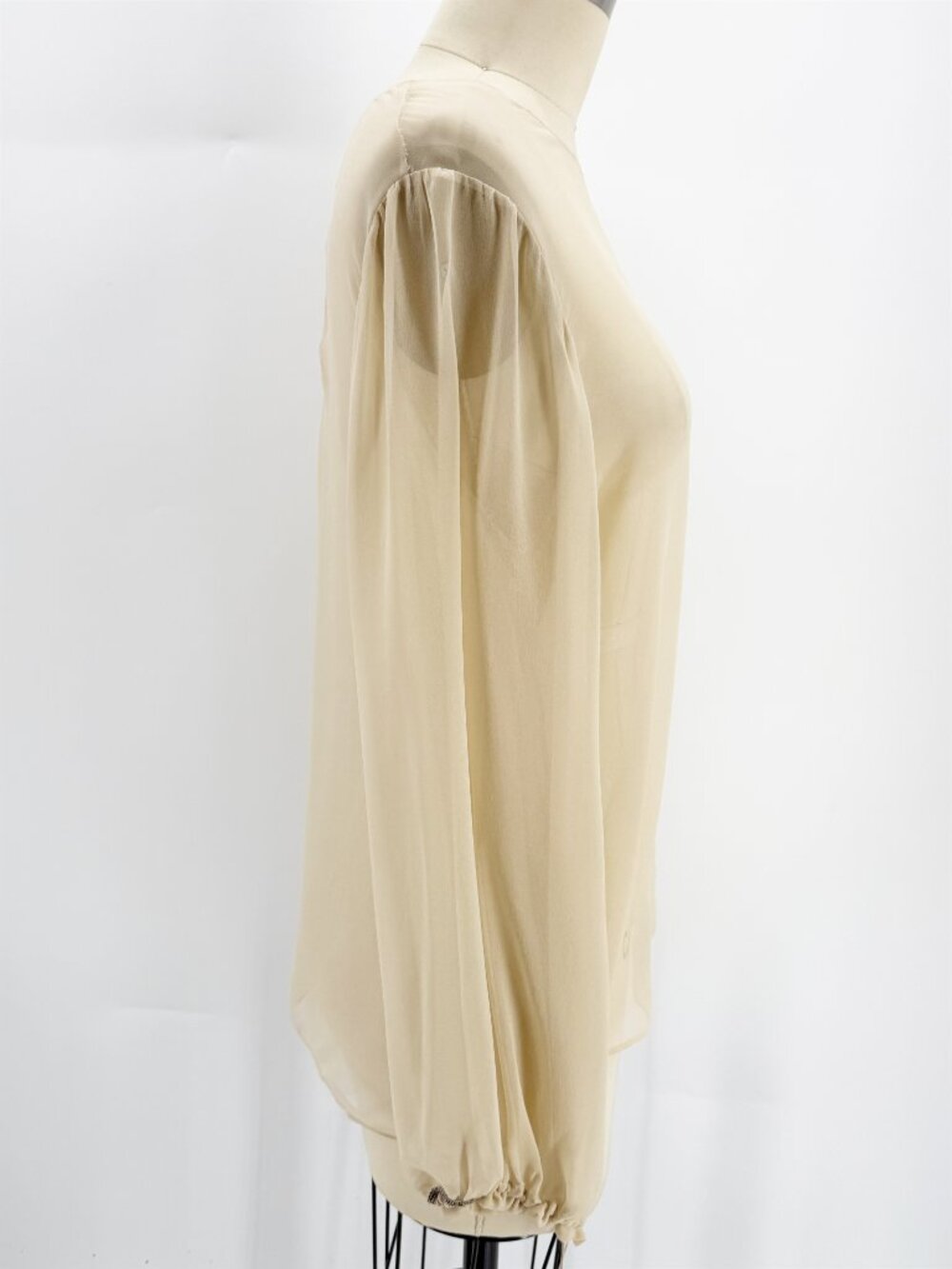 Neutral Beige Sheer LSV Rhinestone Tie Cuff Blouse M - Picture 2 of 9